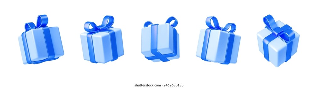 Set of realistic 3d render gift boxes. Light blue gift box with blue bow and ribbon. Gift box in different angles isolated on white. Vector illustration.