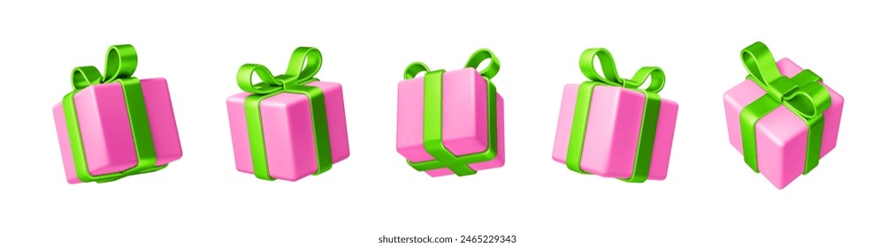 Set of realistic 3d render gift boxes. Pink gift box with green bow and ribbon. Gift box in different angles isolated on white. Vector illustration.