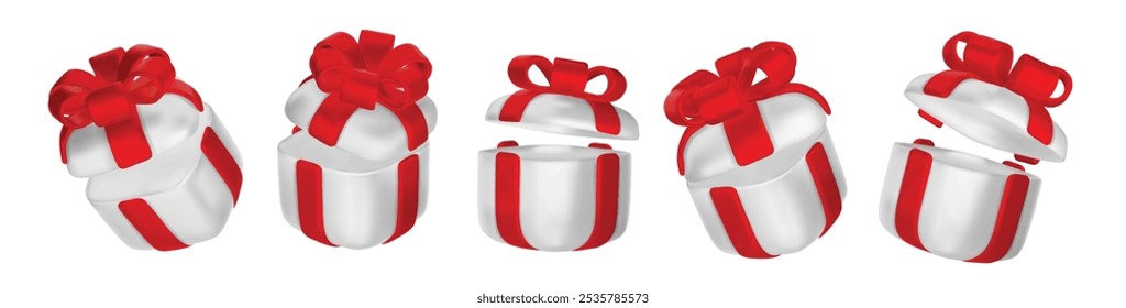 Conjunto de cajas de regalo realistas 3d render. Caja de regalo roja con lazo y cinta dorados. Caja de regalo en diferentes ángulos. Ilustración vectorial.