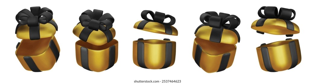 Set of realistic 3d render gift boxes. Gold gift box with black bow and ribbon. Gift box in different angles. Vector illustration.