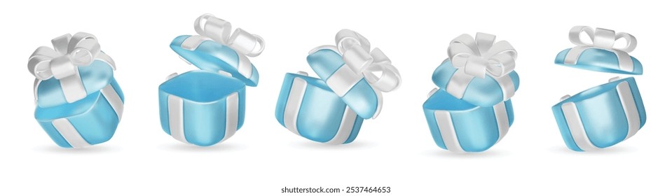Set of realistic 3d render gift boxes. Blue gift box with white bow and ribbon. Gift box in different angles. Vector illustration.
