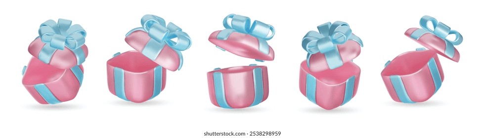 Set of realistic 3d render gift boxes. Pink gift box with blue bow and ribbon. Gift box in different angles. Vector illustration.