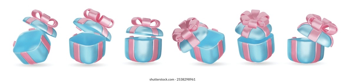 Set of realistic 3d render gift boxes. Blue gift box with pink bow and ribbon. Gift box in different angles. Vector illustration.