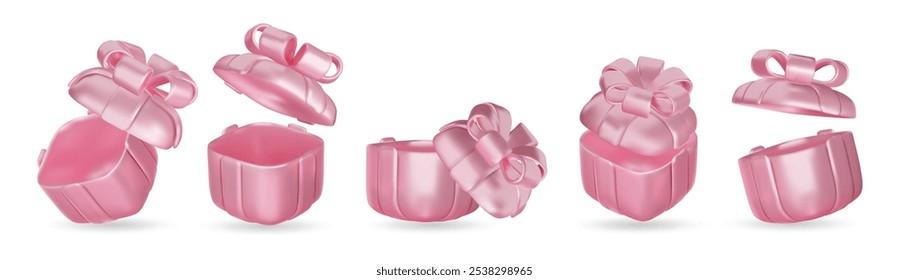 Set of realistic 3d render gift boxes. Pink gift box with pink bow and ribbon. Gift box in different angles. Vector illustration.