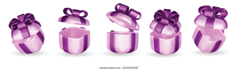 Set of realistic 3d render gift boxes. Purple gift box with pink bow and ribbon. Gift box in different angles. Vector illustration.