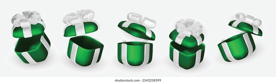 Set of realistic 3d render gift boxes. Green gift box with green bow and ribbon. Gift box in different angles. Vector illustration.