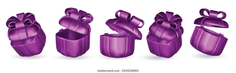 Set of realistic 3d render gift boxes. Purple gift box with pink bow and ribbon. Gift box in different angles. Vector illustration.