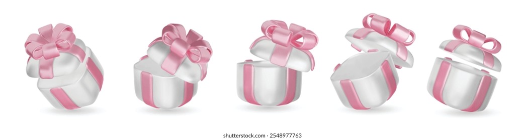 Set of realistic 3d render gift boxes. White gift box with pink bow and ribbon. Gift box in different angles. Vector illustration.