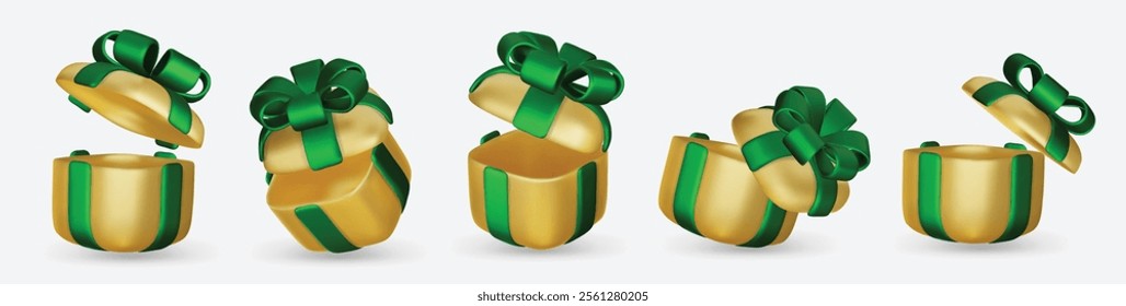 Set of realistic 3d render gift boxes. Gold gift box with green bow and ribbon. Gift box in different angles. Vector illustration.