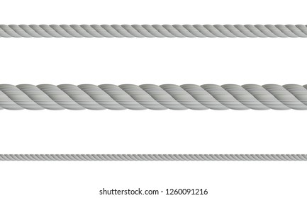 Set of realistic 3d ropes, isolated on white background. Different twine gray thickness rope. Vector illustration of twisted thick knot lines. Rope seamless pattern.