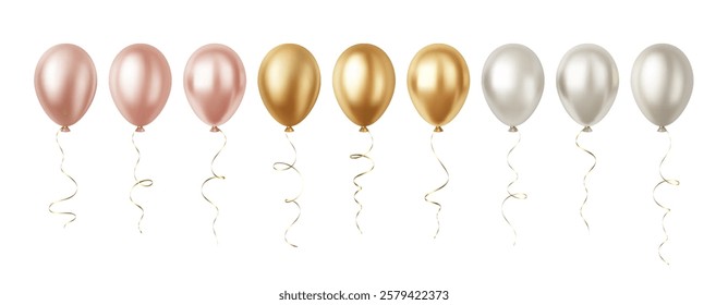 Set of Realistic 3D Rose Gold Silver Party Event Balloons Isolated on White Background. Vector illustration