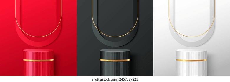 Set von realistischen 3D-runden Podiumsdisplay mit goldenen eleganten Elementen auf Hintergrund mit abstrakten geometrischen Formen. Produkt-Mockup.