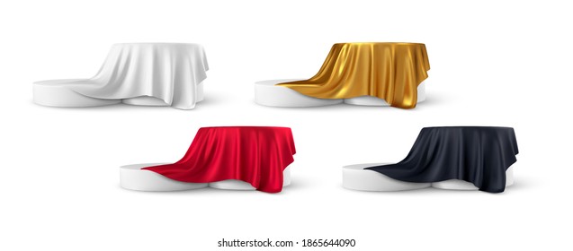 Set of realistic 3d round product podium display covered with fabric drapery folds isolated on white background. White, red, black, gold color shiny silk fabric. Vector illustration EPS10