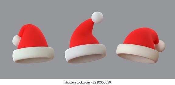 Set realistic 3d santa claus hat. Merry Christmas and Happy New Year. Vector illustration
