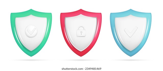 Conjunto de icono de seguridad 3d realista con candado, marca de verificación. Símbolo de protección garantizado brillante 3d del cliente, emblema protector de calidad protegido. Ilustración del vector aislada en fondo blanco
