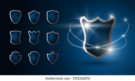 Set of realistic 3d shields. Chromed metal steel shield shines. Security emblem. Protection concept. Icon. Silver. Vector