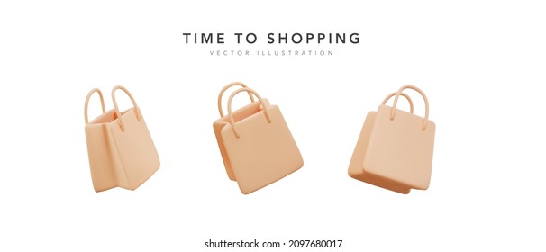 Set of realistic 3d shopping bags isolated on white background. Vector illustration