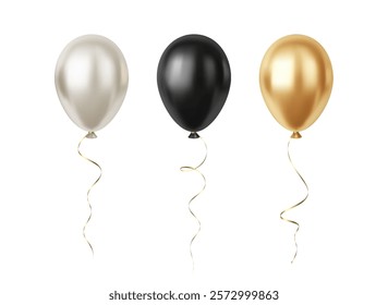 Set of Realistic 3D Silver Gold Black Party Event Balloons Isolated on White Background. Vector illustration