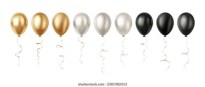 Set of Realistic 3D Silver Gold Black Party Event Balloons Isolated on White Background. Vector illustration