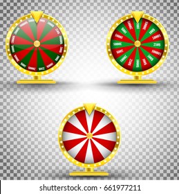 Set Realistic 3d spinning fortune wheel, lucky roulette on transparent background vector illustration
