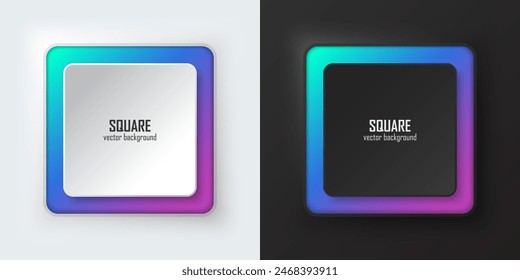Conjunto de cuadrado 3d realista, azul y púrpura iluminan la iluminación de neón, marcos cuadrados sobre un fondo blanco y negro en estilo neumorfismo. Elementos para el diseño. Vista superior del podio. VECTOR EPS10.