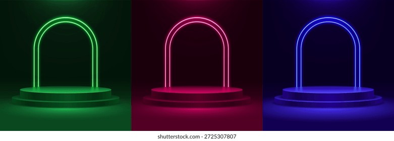 Conjunto de podios realistas en 3D con arcos de neón brillantes. Escenas vacías para la exhibición del producto o el diseño futurista. colección de Vector en verde, rosa y azul.
