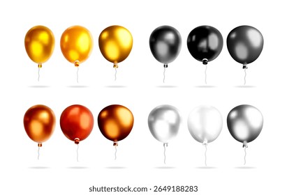 Conjunto de balões de cores de ouro, vermelho, preto e prata estilo 3D realista para o conceito de festa e design festivo.