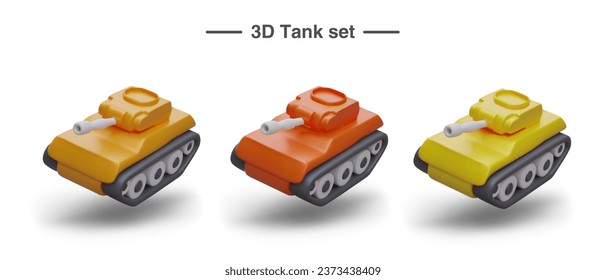 Set of realistic 3d tanks in red, orange and yellow colors. Collection of weapons for computer game. Concept of military and army. Vector illustration in cartoon style