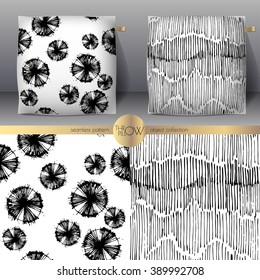 Set of realistic 3d throw pillows with seamless pattern samples. Apartment interior design element. Cushion isolated on a gray background.