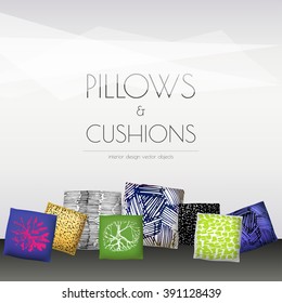 Set of realistic 3d throw pillows. Apartment interior design elements. Cushion covers collection.