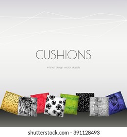 Set of realistic 3d throw pillows. Apartment interior design elements. Cushion covers collection.