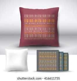 Set of realistic 3d throw pillows with seamless pattern samples. Apartment interior design element. Cushion isolated on a gray background.