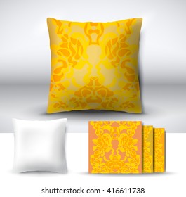 Set of realistic 3d throw pillows with seamless pattern samples. Apartment interior design element. Cushion isolated on a gray background.