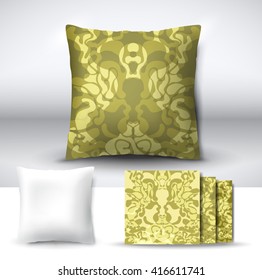 Set of realistic 3d throw pillows with seamless pattern samples. Apartment interior design element. Cushion isolated on a gray background.