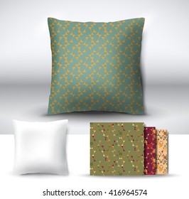 Set of realistic 3d throw pillows with seamless pattern samples. Apartment interior design element. Cushion isolated on a gray background.-vector