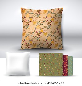 Set of realistic 3d throw pillows with seamless pattern samples. Apartment interior design element. Cushion isolated on a gray background.