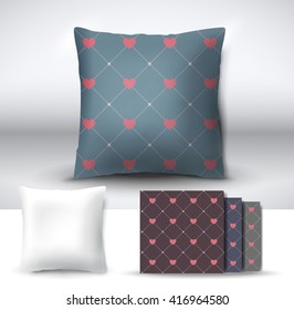 Set of realistic 3d throw pillows with seamless pattern samples. Apartment interior design element. Cushion isolated on a gray background.