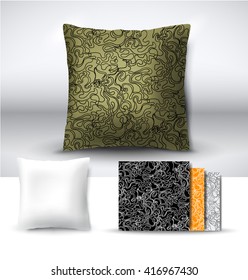 Set of realistic 3d throw pillows with seamless pattern samples. Apartment interior design element. Cushion isolated on a gray background.