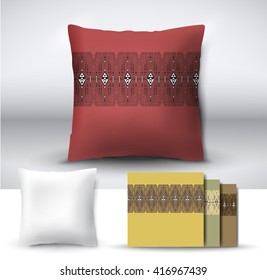 Set of realistic 3d throw pillows with seamless pattern samples. Apartment interior design element. Cushion isolated on a gray background.