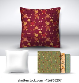 Set of realistic 3d throw pillows with seamless pattern samples. Apartment interior design element. Cushion isolated on a gray background.