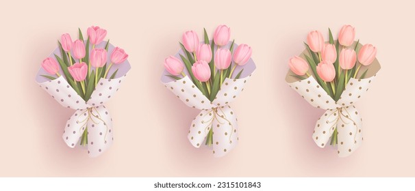 Set of realistic 3d tulips bouquet isolated on background. Vector illustration