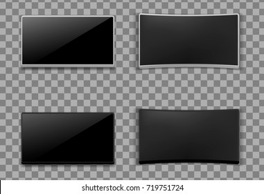 Set Of Realistic 3D TV Screen. Modern Stylish Lcd Panel, Led Type. Large Computer Monitor Display Mockup. Blank Television Template. On Transparent Background.Vector Illustration