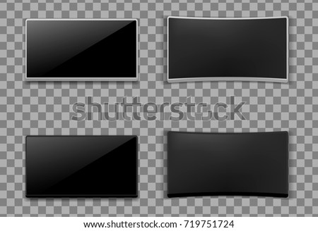 Set of realistic 3D TV screen. Modern stylish lcd panel, led type. Large computer monitor display mockup. Blank television template. On transparent background.Vector illustration