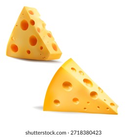 Conjunto de rebanadas de queso de Vector 3D realistas aisladas sobre fondo blanco. Colección de cuñas de queso amarillo con agujeros en diferentes Formas y ángulos. Conjunto de ilustración de alimentos para embalaje, diseño de menú