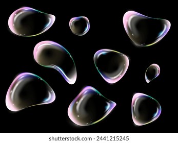 Set of realistic 3d vector glass shape liquid abstract, fluid with holographic effect. Render of transparent glass object, soap water bubble with reflection isolated on black background
