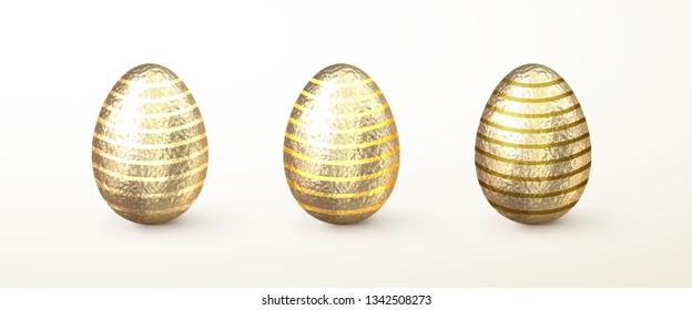 Set of realistic 3d vector gold Easter Eggs isolated with horizontal stripes on white background. Golden objects design element. Illustration for greeting cards, promotions, posters, flyers, banners