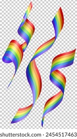 Set of realistic 3d vibrant rainbow streamers, coil ribbon serpentine on transparent background. Falling glossy spiral curled tinsel, festive confetti or ribbons with LGBT flag pattern for Pride month