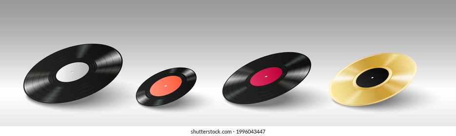 Conjunto de discos de vinilo 3d realistas para reproductores de música gramófona retro en fondo blanco. Viejos discos de discos lp musicales. 3.ª ilustración vectorial