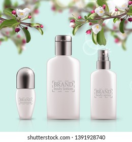 Set of realistic 3d white bottles with silver cap. Empty package for skincare cosmetic, body deodorant, spray, lotion, scrub, cream. Eco-cosmetic blank template, vector mockup for broshure, magazine