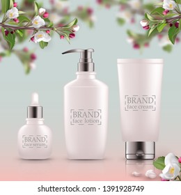 Set Of Realistic 3d White Bottles With Silver Cap. Empty Package For Skin Care Cosmetic - Face Oil, Serum,wash, Gel Cleanser, Scrub. Eco-cosmetic Blank Template, Vector Mockup For Broshure, Magazine